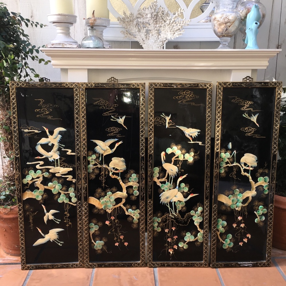 Set of 4 Antique Chinese Wood Screens with Shell - Picture 3 of 3
